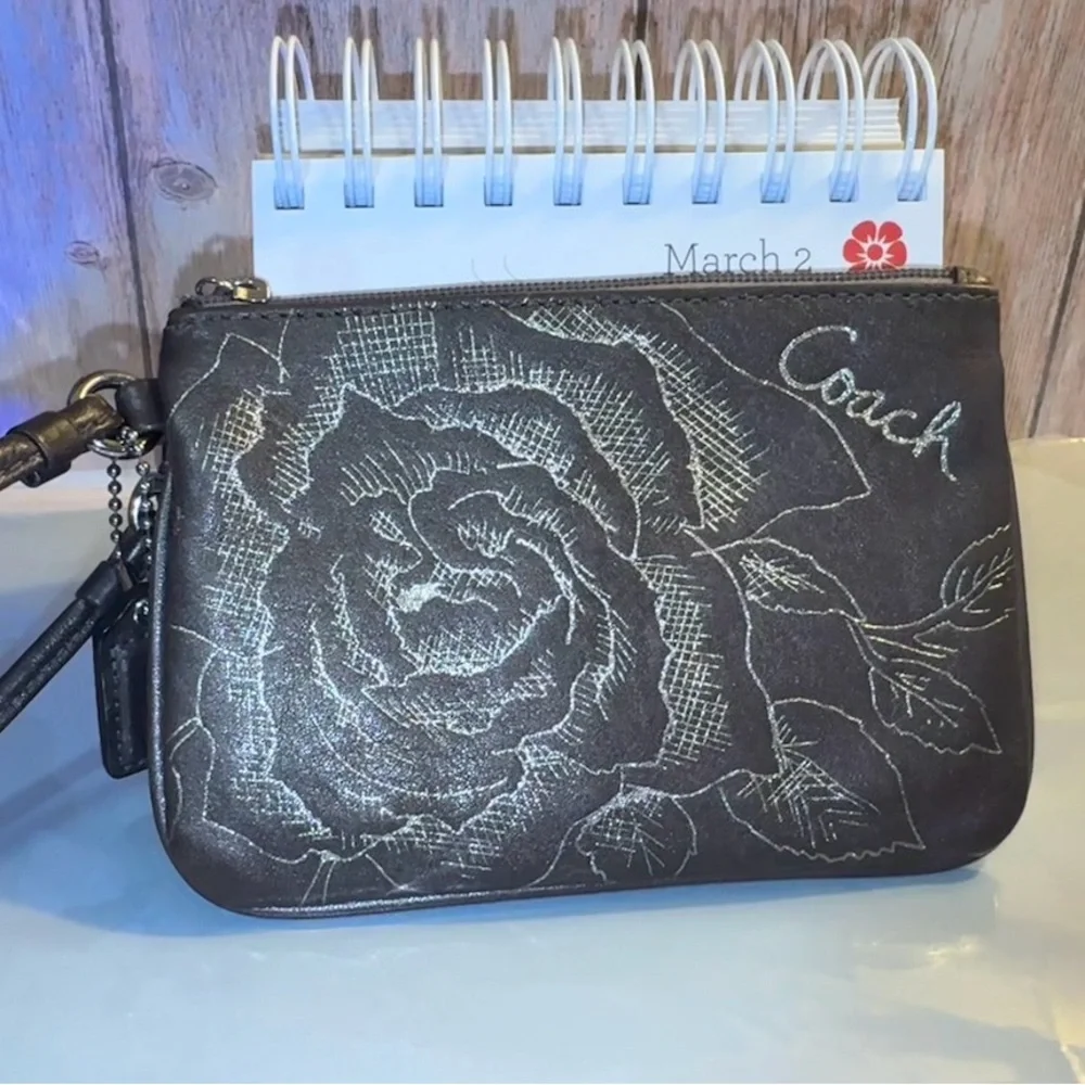 Coach Hematite Grey Floral script Wristlet Pouch RARE - EUC serial #43785